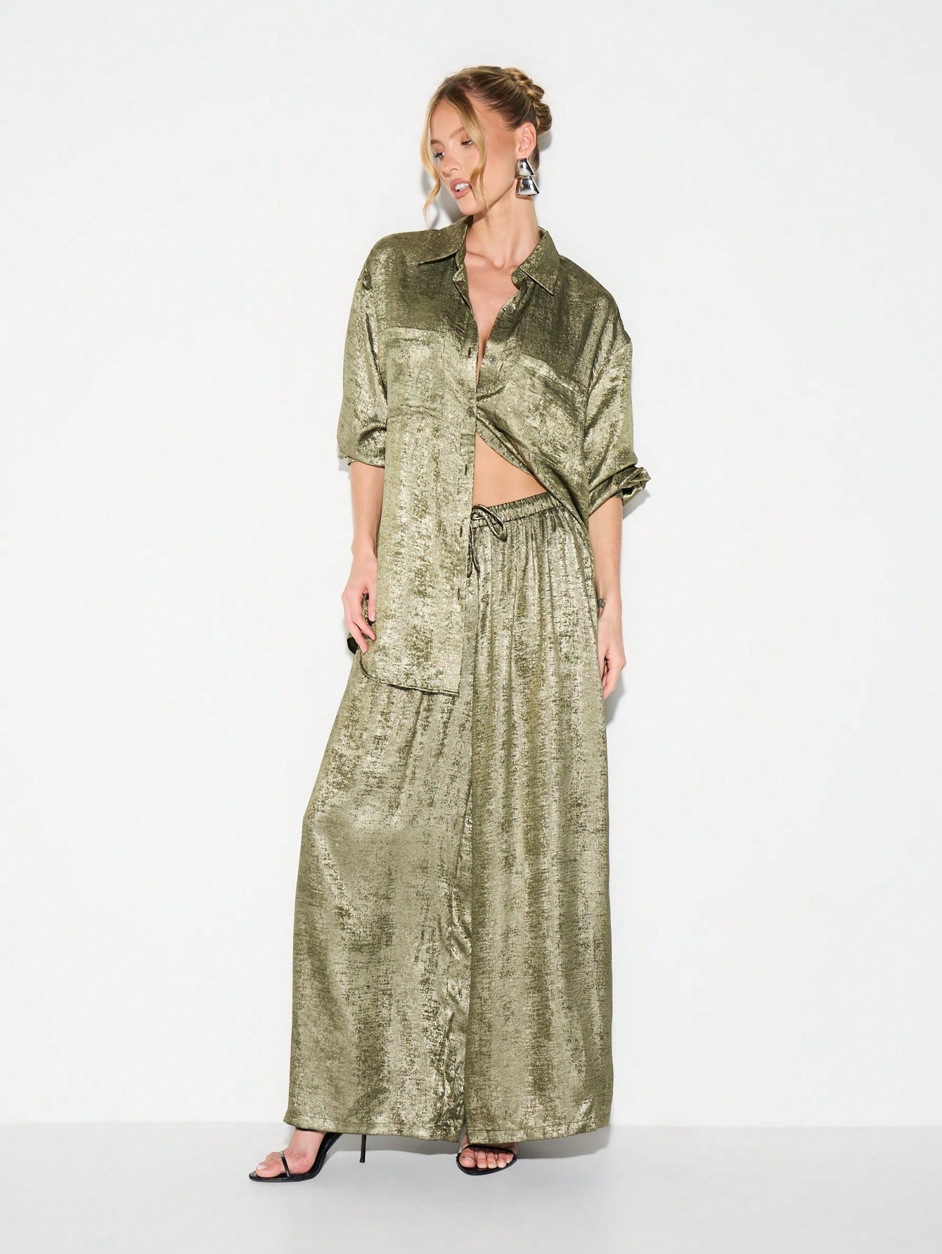 KIZN Metallic Olive Lame Chiffon Oversized Shirt