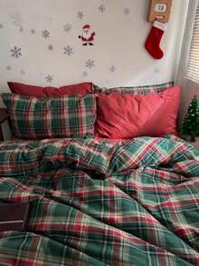 Cirelle 3pcs 100% Polyester Christmas Green Plaid Duvet Cover Set, 2 Pillow Shams + 1 Duvet Cover (No Bed Sheet) - Multicolor - View 2