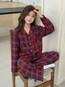 DAZY Tween Girl Plaid Lapel NeckSingle-Breasted Top And Pants Pajama Set