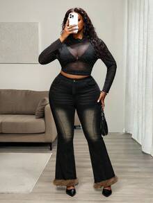Truni Plus Size Women High Waist Pockets Flare Casual Versatile Jeans, For Pear Triangle Body Shape - Black - View 3
