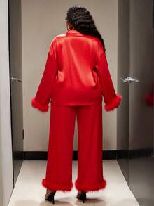 Truni Plus Size Women Solid Color Faux Fur Cuff Single-Breasted Top And Wide Leg Pants Elegant 2 Pieces Set, Winter, For Pear Triangle Body Shape - Red - View 2