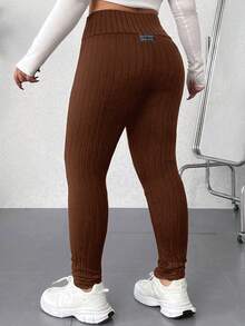 SHEIN EZwear Plus Size Women Solid Color Elastic Waist Casual Ribbed Leggings/Winter - Brown - View 2