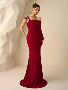 Coutiva Women's Asymmetric Neck Long Sleeve Mermaid Hem Fitted Elegant Luxurious Heavily Embellished Burgundy Wine Red One Shoulder Formal Evening Gown Dress - Burgundy - View 4