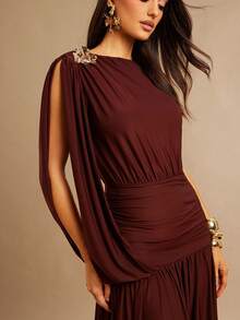 Silquee Burgundy Elegant Summer Dining Dress,Metallic-Embellished A-Line Stretch Knit Pleated Maxi,Draped Sleeve Flowing Gown For Party Bridesmaid Valentine - Coffee - View 4