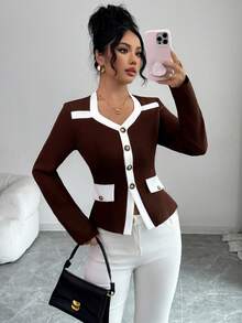Elenzga Women's Asymmetrical Collar Long Sleeve Blouse,Brown And White Contrast Color Splice Metal Button Pocket Decor Waist Fitted Autumn Elegant Office - Multicolor - View 5
