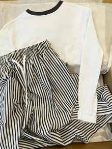 SHEIN 两件套加大码撞色滚边圆领长袖休闲上衣和条纹裤套装 - 彩色 - 查看 2