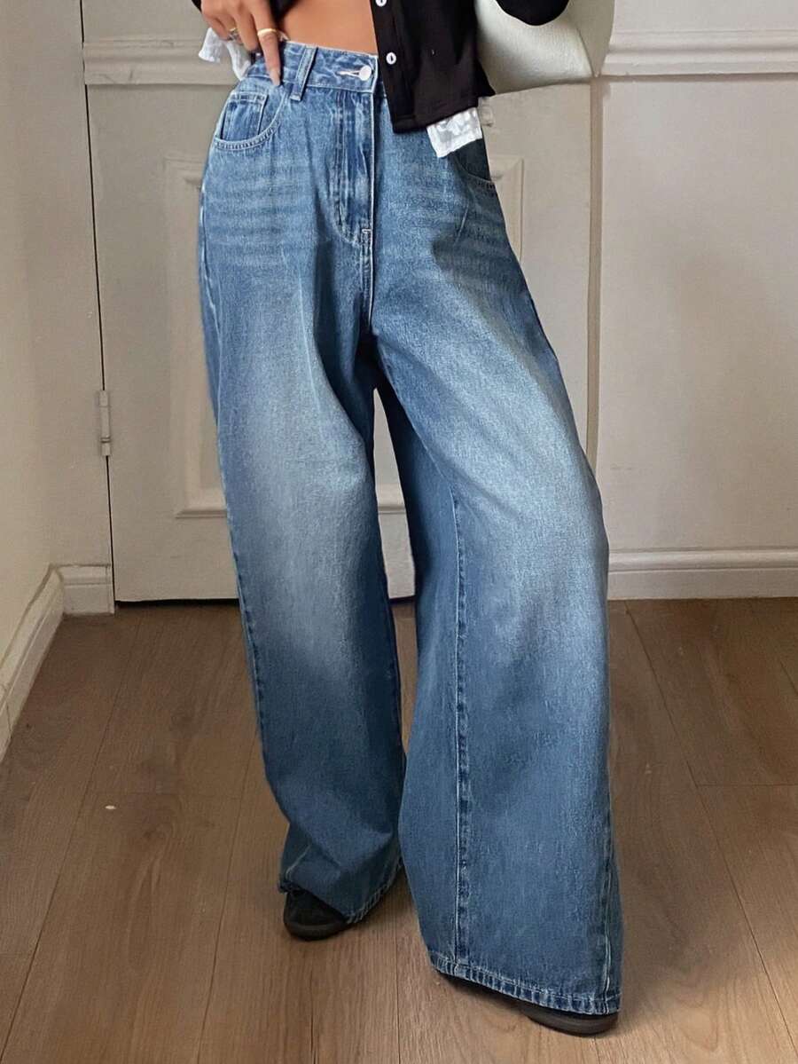DAZY Quần jeans nữ ống rộng dáng suông, túi xéo, phong cách thường ngày, chất liệu denim mài, kiểu dáng Y2K. - Rửa tối - Xem 1