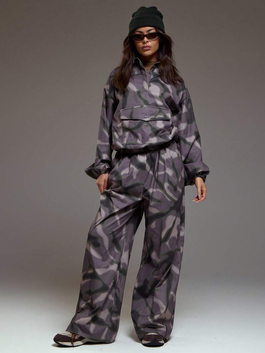MUSERA 印花宽松褶裥细节宽版尼龙降落伞裤套装（仅下装）冬季酷女孩舒适可爱户外探险春季Y2K裤装休闲夏季 - 彩色 - 查看 1