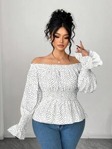 Elenzga Plus-Size Women's Spring/Summer Casual Dress For Picnics And Gatherings. Classic Black-And-White Polka-Dot Print. Cute, Fresh, And Elegant Style With A French-Inspired Sweet Design. One-Shouldered Neckline, Cable-Knit Waistband For A Loose, Comfortable Fit. Ruffled Hem And Waist-Constricting Design. Perfect With Doll-Like Blouses Or Shirts. - Black and White - View 3