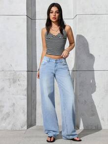 SHEIN PETITE 女士时尚休闲宽松阔腿牛仔裤 - 藍色 - 查看 5