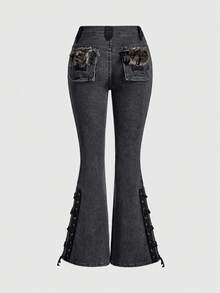 ROMWE Grunge Punk Y2K Harajuku Gyaru Gal Style Patchwork Fuzzy Super Low-Rise Mini Denim Jeans For Women - Dark Grey - View 1