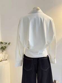 INAWLY Women's White Front Button Down Dropped Shoulder Long Sleeve Casual Blouse - White - View 2