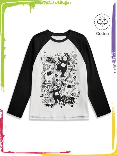 Teletubbies X ROMWE Camiseta de manga larga de cuello redondo con estampado de dibujos animados de color contrastante y ajuste holgado para mujer