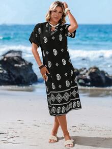 Sylviya 女士休闲宽松V领短袖腰果印花中长连衣裙，适合度假 - 黑色 - 查看 3