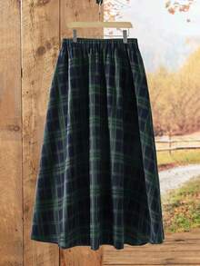 Rusticease 女士格子松紧腰休闲喇叭裙，学院风绿色 - 綠色 - 查看 1