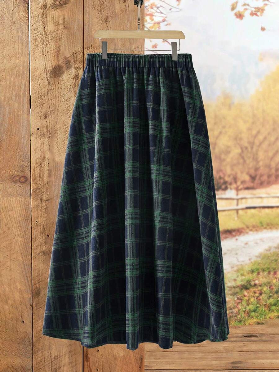 Rusticease 女士格子松紧腰休闲喇叭裙，学院风绿色 - 綠色 - 查看 1