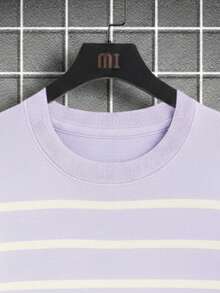Playera casual para hombre estilo sencillo con diseño de rayas tela de punto holgada cuello redondo manga corta para primavera verano uso diario - Morado - Ver 4