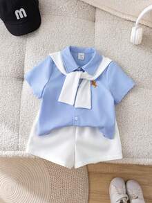 4pcs Baby Boy Blue Summer Elegant Vacation Holiday Gentleman Outfit,Striped Short Sleeve Shirt,Elastic Waist Shorts,Shawl&Belt For Birthday,Wedding - Multicolor - View 6