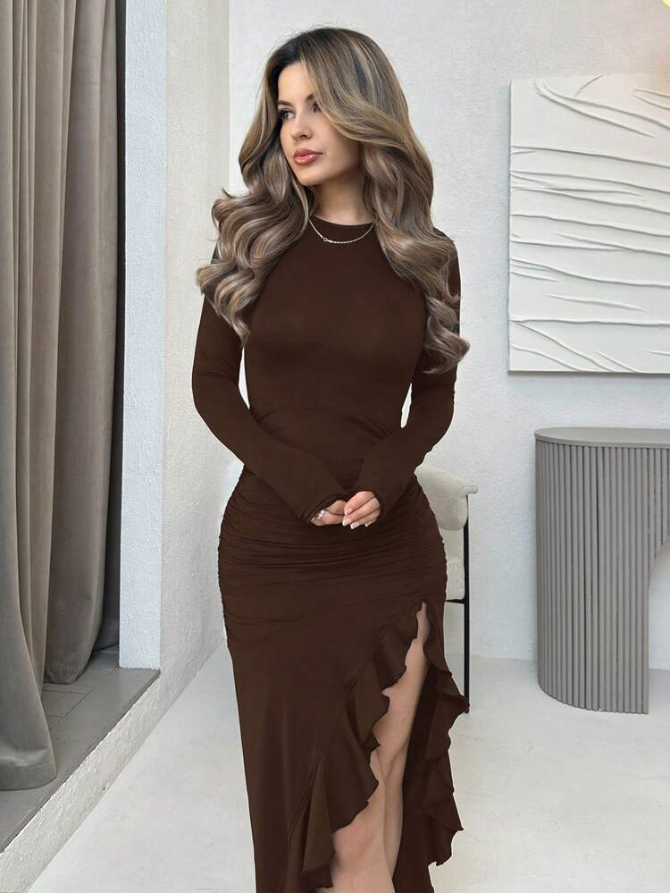 Jemour Vestido largo de manga larga con abertura lateral sexy de unicolor marrón, vestido de otoño primavera - Marrón - Añade 4