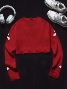 Coolane Kids Tween Girl Red And White Autumn Streetwear Y2K Cute V-Neck Long Sleeve Cross Pattern Jacquard Fringe Sweater,Parent-Child Holiday Christmas New Years - Red - View 2
