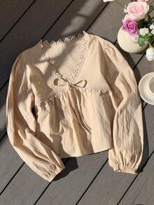 Comfortcana Áo cánh ren trơn màu đơn sắc dành cho nữ, mùa thu - Màu be - Xem 3