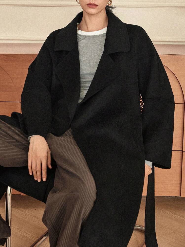 Women's Solid Color Waist Belt Elegant Long Sleeve Overcoat, Autumn/Winter Business Casual Woman