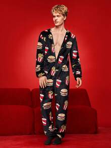 Men's Autumn/Winter Plush Funny Soda, Fries, Burger Print Fluffy Lounge Jumpsuit - Multicolor - View 3