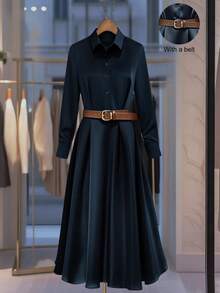 Franclia 新款收腰长款舞会礼服领女式连衣裙，春秋季 - 藏蓝色 - 查看 1