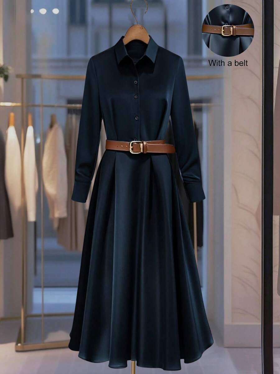 Franclia 新款收腰长款舞会礼服领女式连衣裙，春秋季 - 藏蓝色 - 查看 1