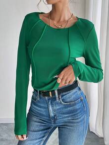 EMERY ROSE Camiseta de manga larga a rayas, de cuello redondo, ajustada, unicolor para mujer, apta para otoño/invierno - Verde - Ver 6