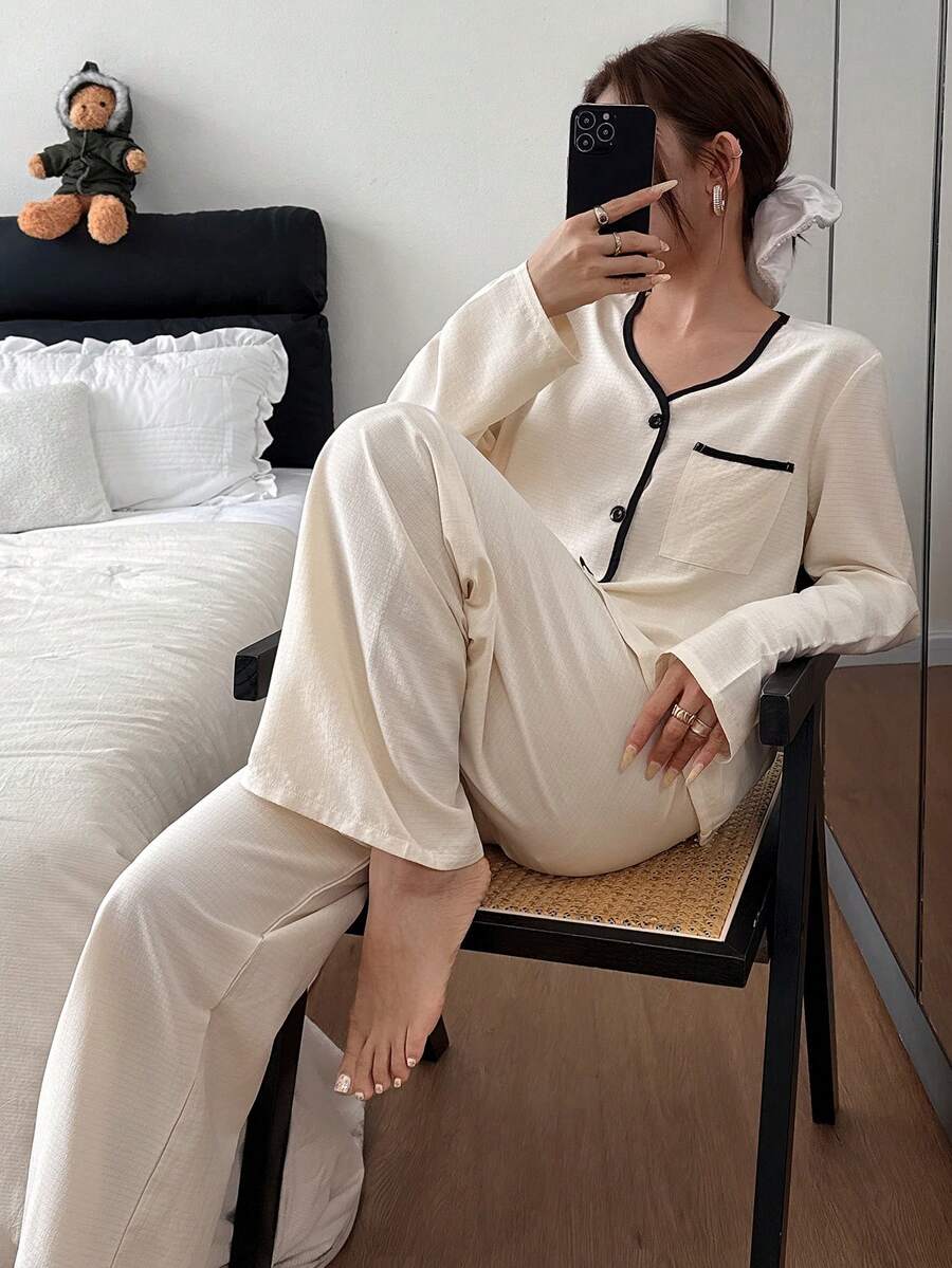 泡泡纹理V领撞色滚边上衣和裤子女士睡衣套装，冬季服装 - 杏色 - 查看 1