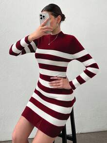 EURMUSE Striped Print Fitted Elegant Long Sleeve Knit Sweater Dress - Burgundy - View 4