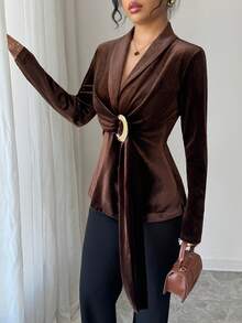 Elenzga Women's Solid Color Metal Ring Pleated Elegant Long Sleeve Blouse - Camel - View 6