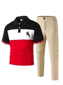 SHEIN 两件套青少年男士绅士套装，撞色领 Polo 衫 + 卡其色长裤，绅士西装，商务优雅，适合学校、生日派对、休闲等场合，简约风格 - 彩色 - 查看 5