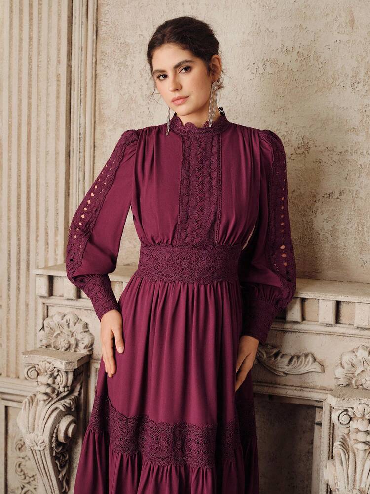 Elegant French Style Burgundy Red Dress, Waist Cinched, Slim Fit, Hollow-Out Lace Patchwork, Flared Dress For Women