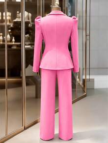 Franclia 女士玫红色翻领泡泡袖长袖珍珠饰边上衣，女士修身双排扣西装外套+拉链直筒西装裤，优雅两件套西装，女士冬季服装，新年服装，白色新年装，派对，海滩，优雅，休闲，女士休闲装，浪漫，情人节，约会，毕业季服装，时尚休闲通勤装，商务办公装，百搭时尚日常休闲装，都市教师职业装 - 粉色 - 查看 2