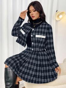 Firerie Plus Size Women's Elegant Commuter Workwear Sophisticated High-End Afternoon Tea Slightly Sexy Date Music Concert Collegiate Vintage Black & White Plaid Print Long Sleeve Jacket & Pleated Mini Skirt, Back To School Outfit Flannel Wednesday Addams In Fall/Winter Skirt And Jacket Set 2 Piece Sets Ladies Plaid Two Piece Set Blazer Skirt Set Tweed Two Piece Set Shirt And Skirt Set - Blue and White - View 7