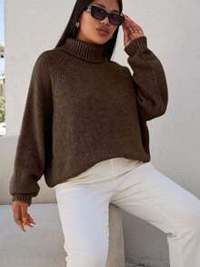 EURMUSE 大码女式休闲纯色高领插肩袖宽松套头衫，秋冬 - 棕色 - 查看 4