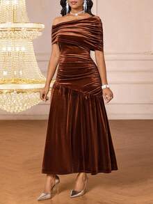 SHEIN Lady Women's Brown Knitted Fitted Asymmetrical Neck Short Sleeve Long Maxi Dress - Brown - View 5