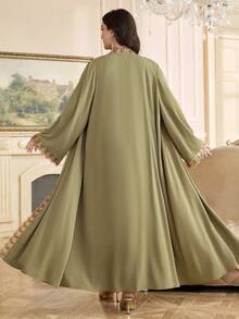 Veilorie Grande taille Femmes Élégant Patchwork Ruban Devant Ouvert Abaya Arabe, Automne - Vert - Voir 2