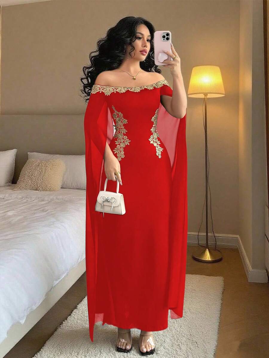 Rafferiza Váy đuôi cá dài trễ vai, eo thắt eo, họa tiết hoa vàng sang trọng, gợi cảm, thanh lịch, màu đen, xuân/hè - Fiery Red - Xem 1