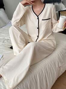 泡泡纹理V领撞色滚边上衣和裤子女士睡衣套装，冬季服装 - 杏色 - 查看 3