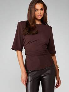 MISSGUIDED Áo thun cổ tròn tay lửng, chất liệu cotton pha trộn, có đệm vai màu nâu, chi tiết nhún ở hai bên, thích hợp mặc hàng ngày vào mùa thu đông - Cà phê nâu - Xem 5