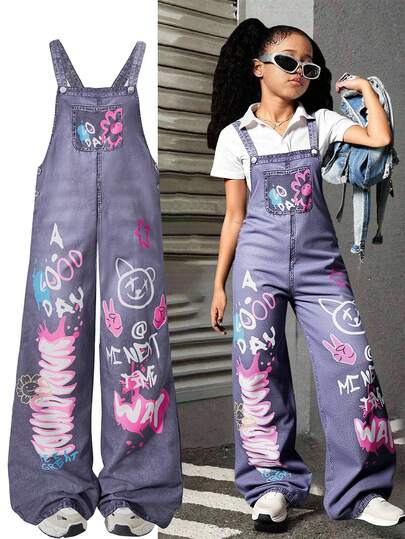Sparklyn 少女复古拼接印花运动休闲街头风涂鸦印花品牌宽松直筒阔腿连体裤，适合春秋季节穿着，是街头休闲穿搭的完美之选。