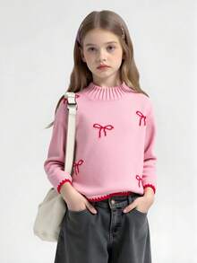 Tween Girl Sweater,Casual Cute Pink Autumn Knitted Short Sweater With Bow Pattern,Soft Comfortable For Wedding Ninang,Daily,Christmas,Back-To-School - Pink - View 6