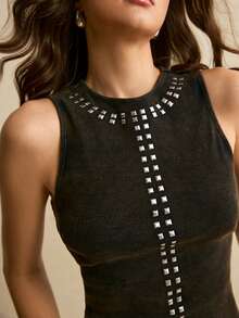 Poéselle Women's Black Knitted Round Neck Tank Top With Rivet Detail Regular Length - Black - View 3