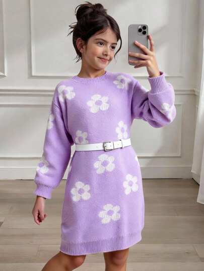 Sparklyn Váy len cổ tròn họa tiết hoa jacquard dễ thương thời trang đa năng mới cho bé gái