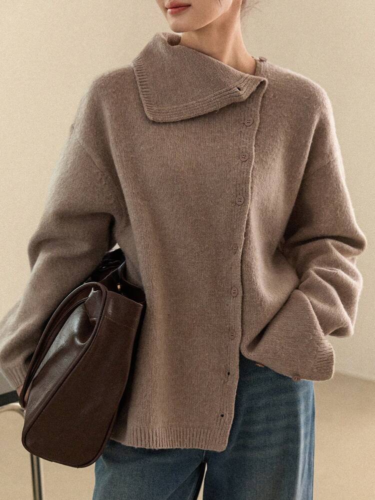 Women's Casual Everyday Commute Simple Solid Color Dropped Shoulder Loose Turndown Collar Single-Breasted Cardigan, Autumn/Winter