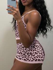 INAWLY Women's Leopard Print Lace Patchwork Camisole And Shorts Sexy 2 Pieces Set - Pink - View 2