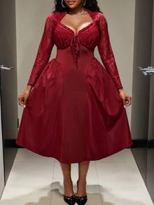 Truni 大码女士优雅A字连衣裙，蕾丝细节，甜心领拼接设计，长袖连衣裙，适合梨形/三角身材 - 酒紅色 - 查看 7